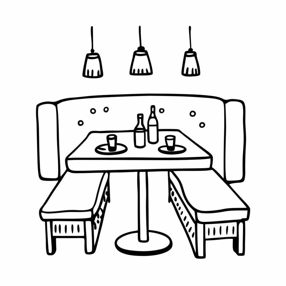 Minimalist Black and White Cafe Booth with Hanging Lights and Table Setting vector