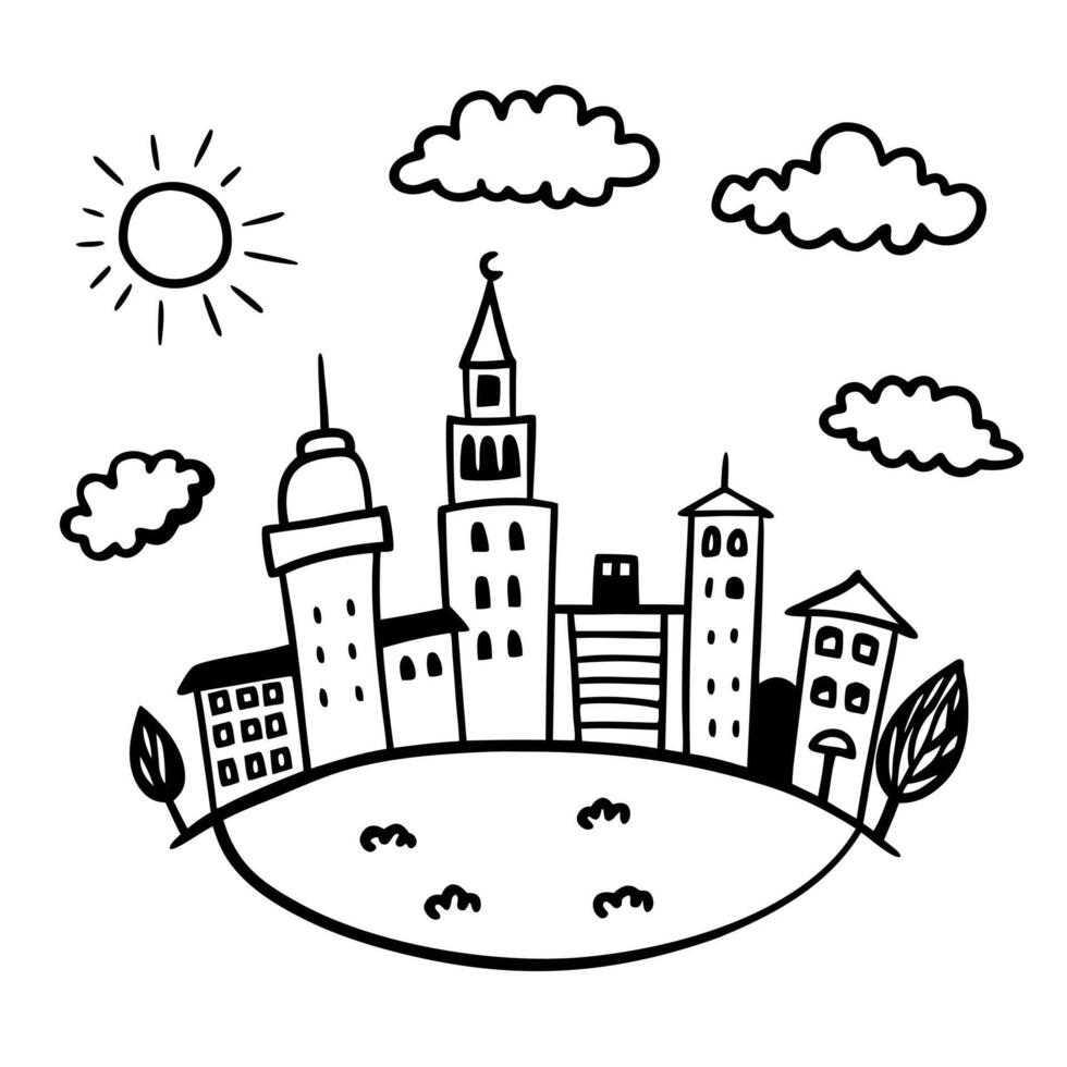 Hand Drawn Cityscape with Sun and Clouds Whimsical Urban Skyline Art vector