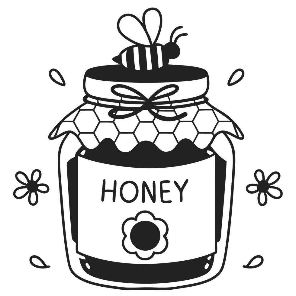 Bee and honey jar illustration with flowers, cute design elements vector