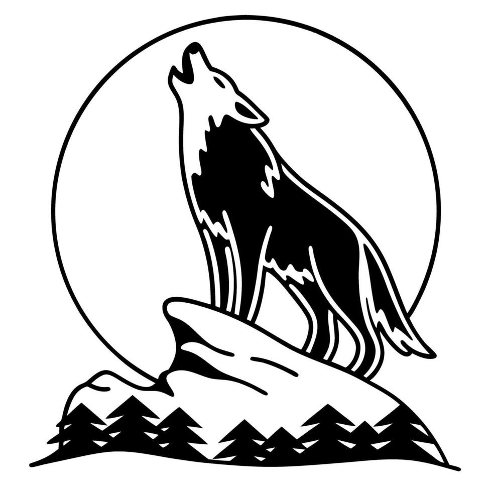 Howling wolf silhouette on rock with full moon and pine trees, night wildlife scene vector