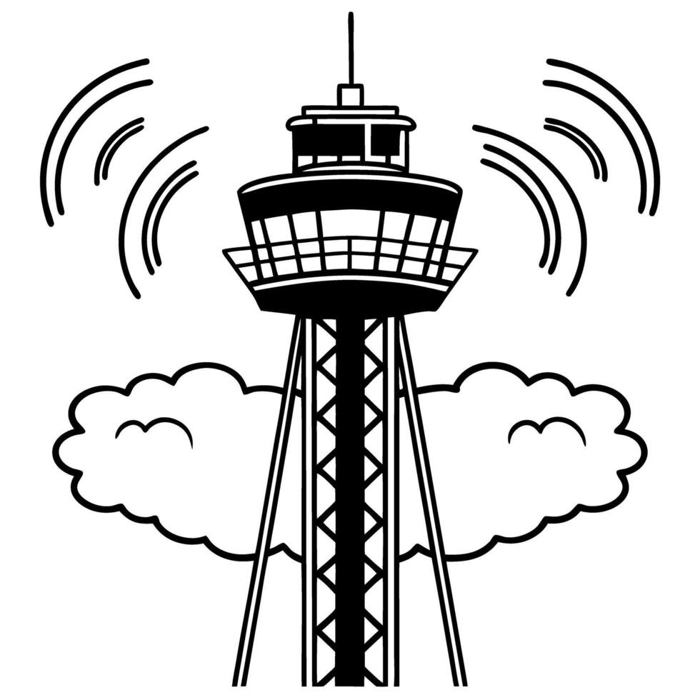 air traffic control tower black and white illustration with signal waves vector