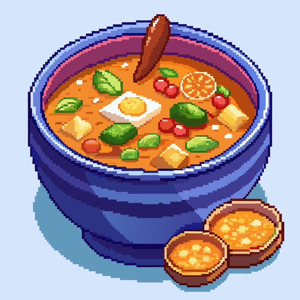 Pixel Art Spicy Ramen Bowl with Toppings and Dumplings vector