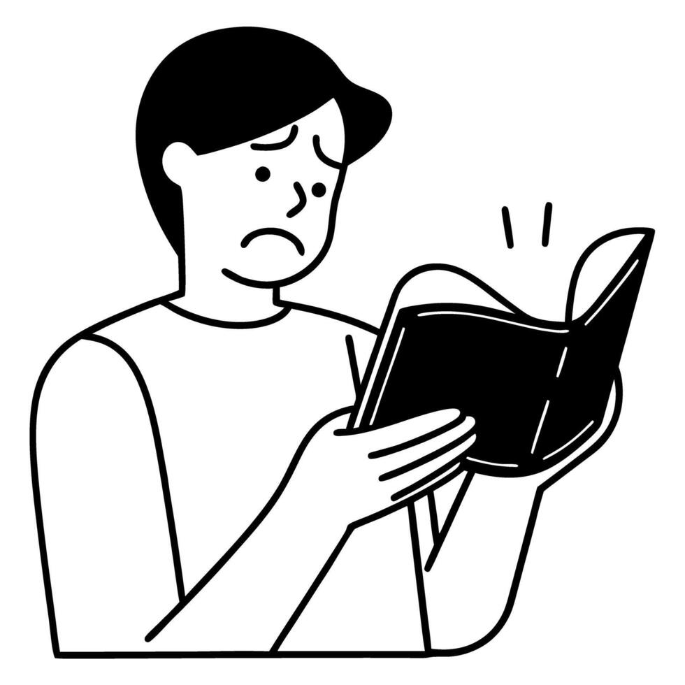 sad person reading book, learning disappointment black and white illustration, emotional discovery concept vector