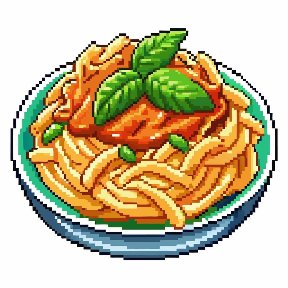 Pixel Art Spaghetti with Tomato Sauce and Basil vector