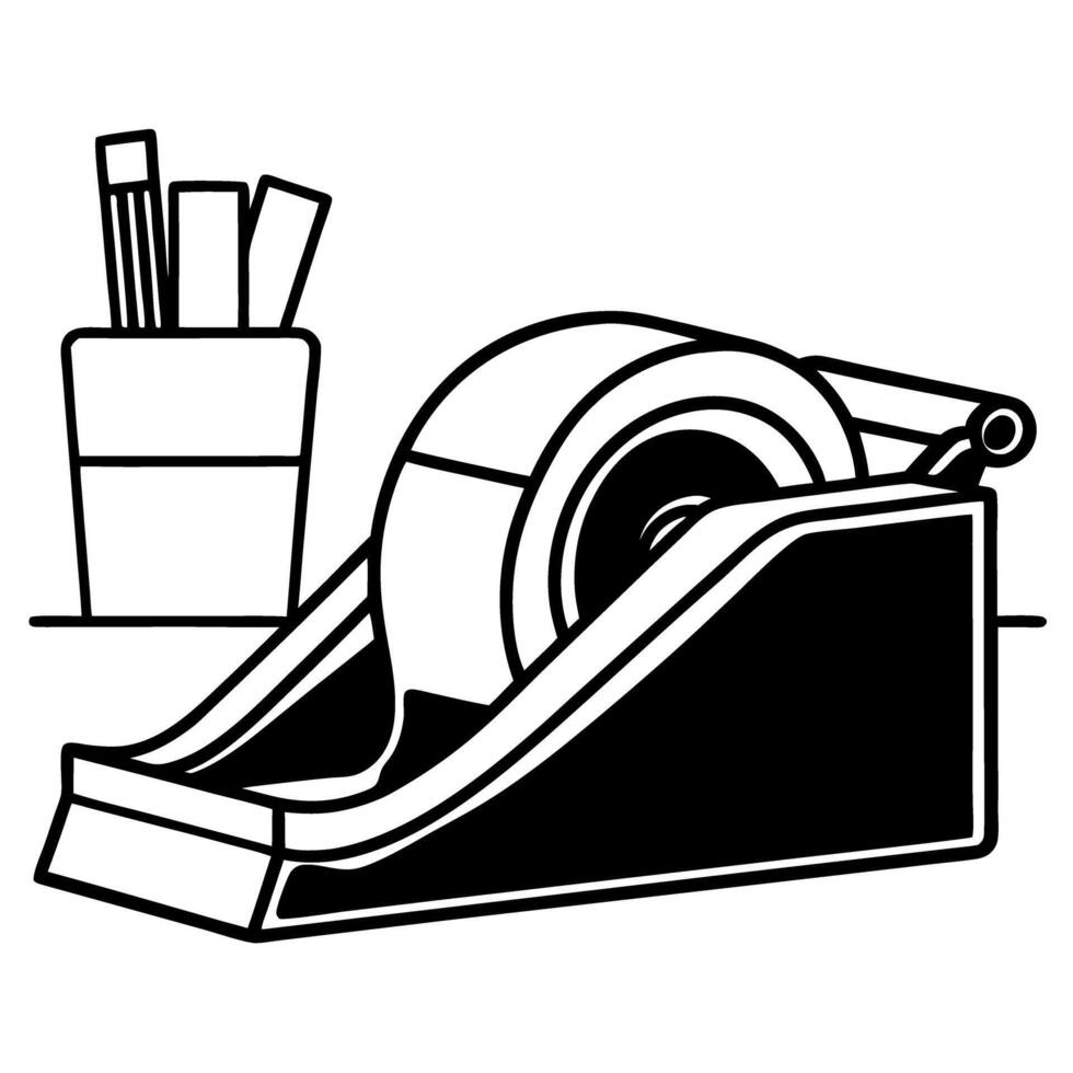 office supply essentials tape dispenser and pen holder set simplistic, modern desk organization black and white illustration vector