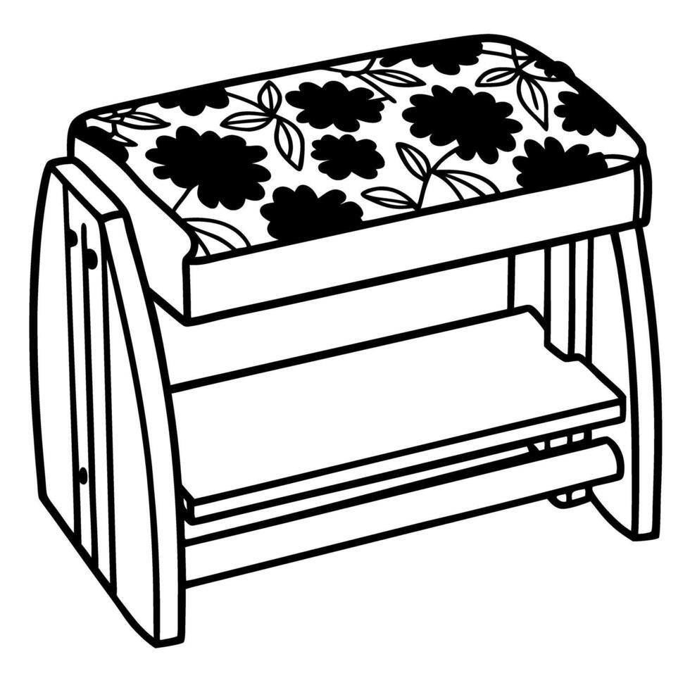 Black and white floral cushioned stool illustration with simple line art design vector