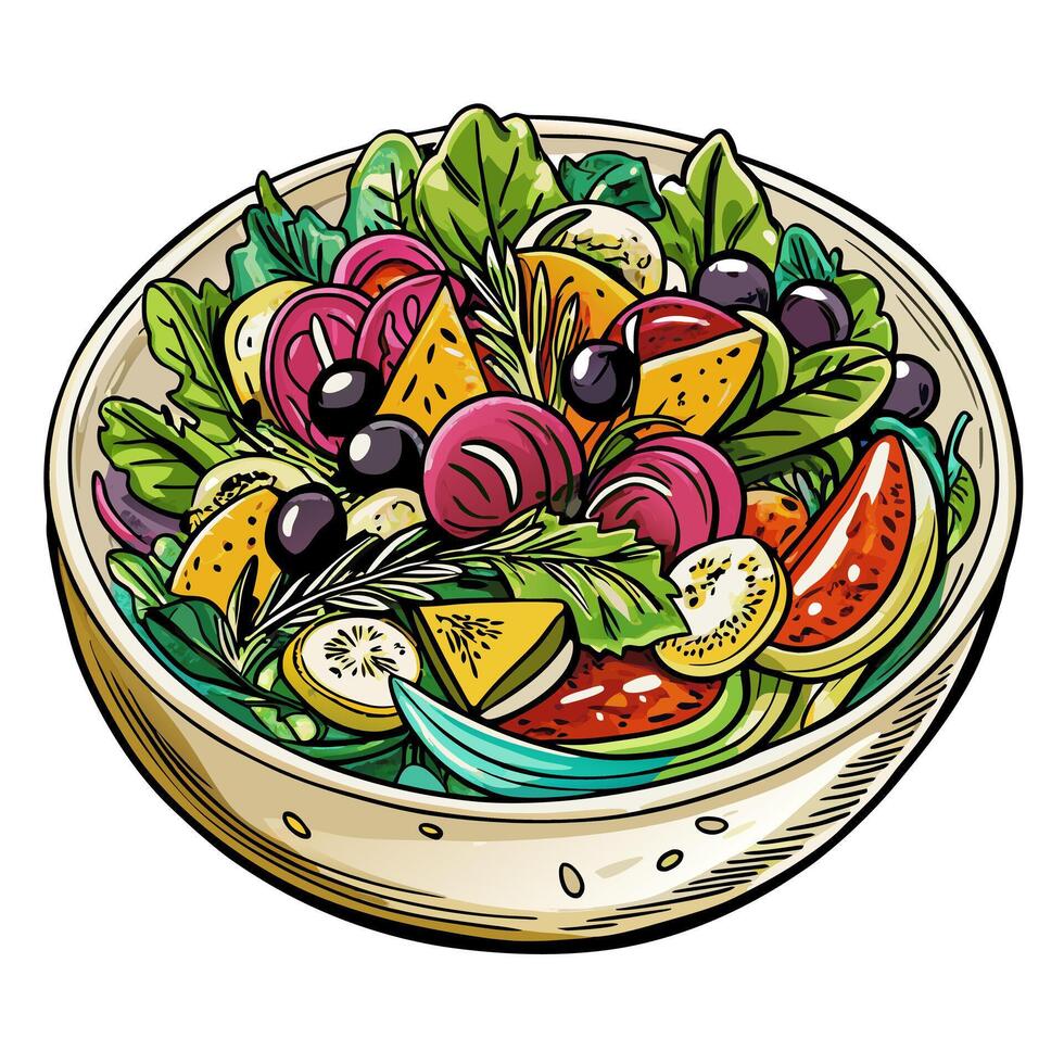 Fresh Mediterranean Salad Illustration with Vegetables, Olives, and Citrus in a Glass Bowl vector