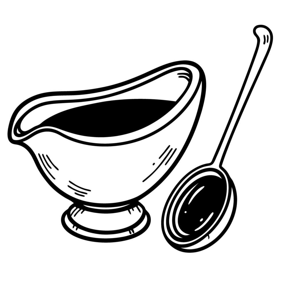 vintage gravy boat illustration with serving ladle, classic culinary design vector