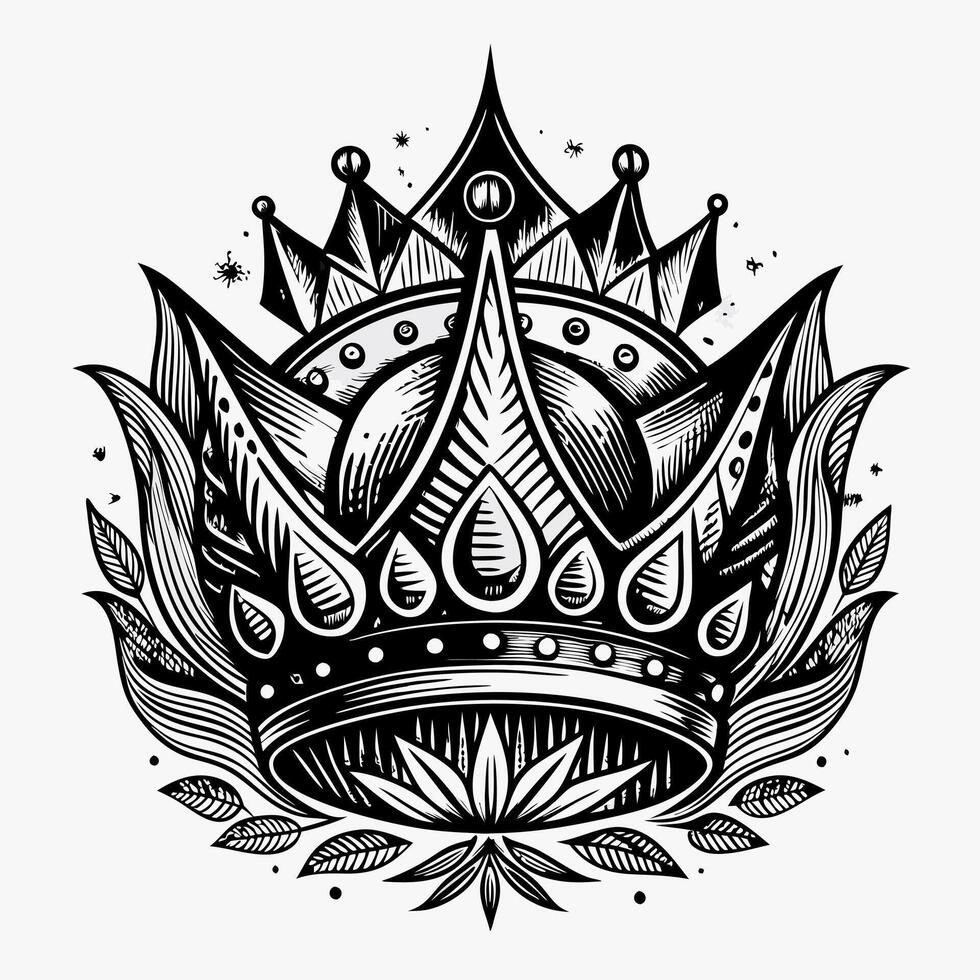 A black and white drawing of a crown with a leafy design vector