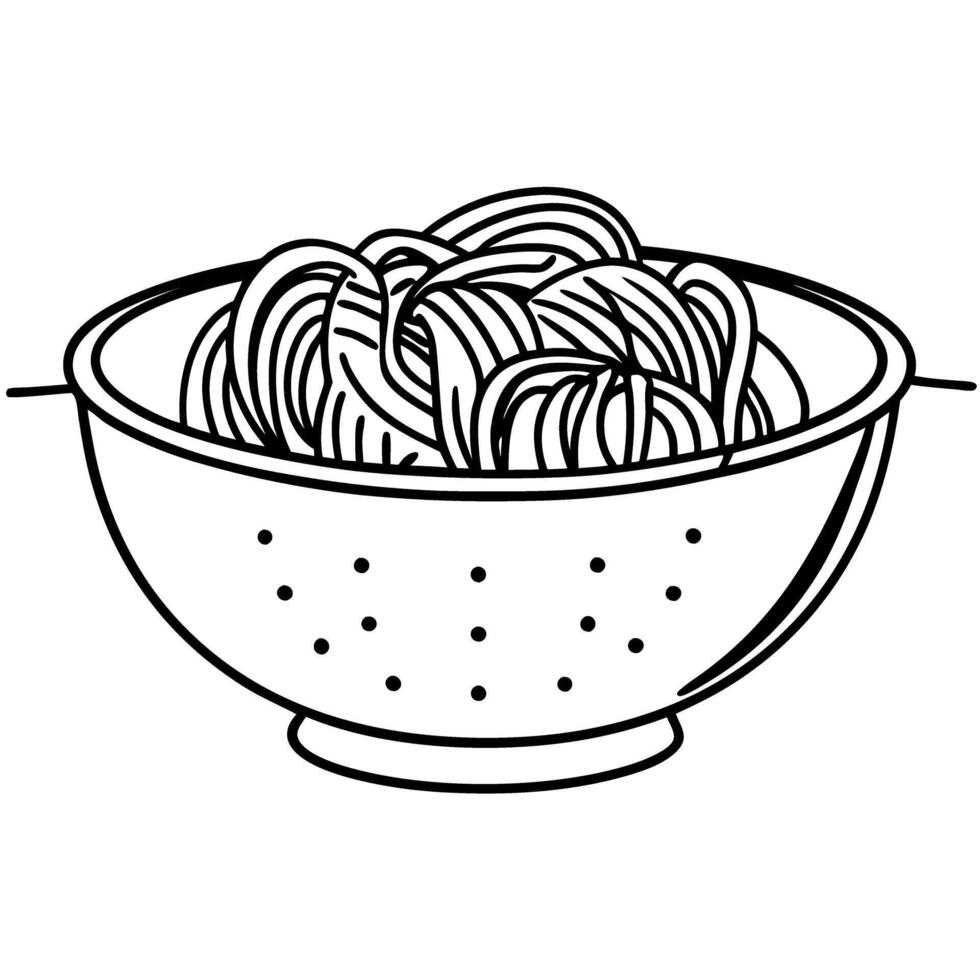 Colander with spaghetti pasta draining, cooking utensil black and white illustration, culinary kitchenware vector