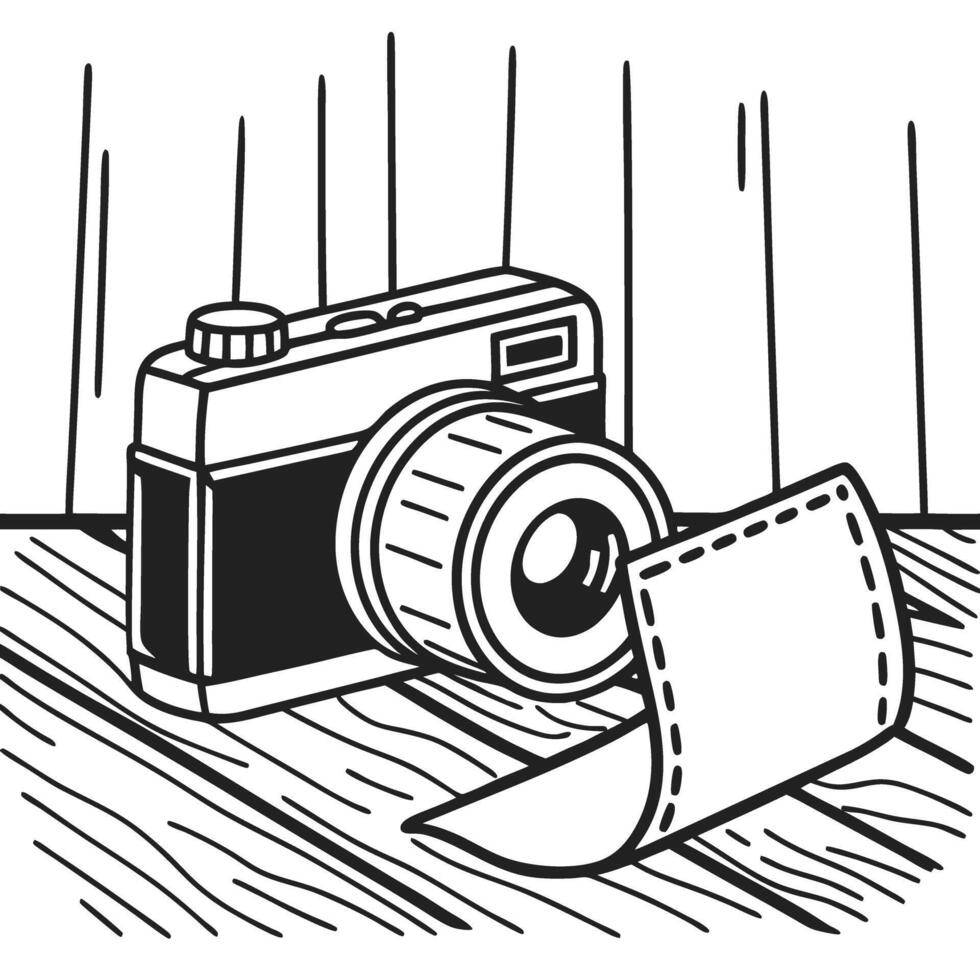 vintage camera with film roll on wooden surface vector
