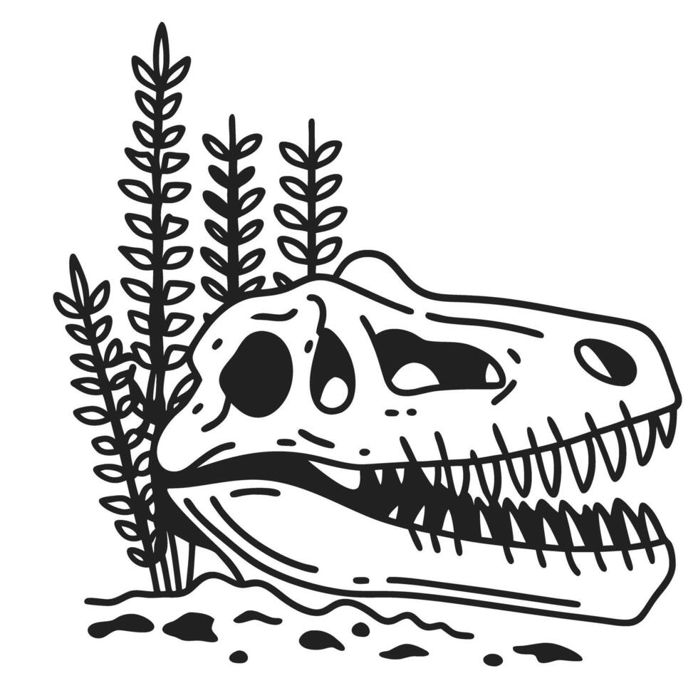 dinosaur skull illustration with ferns prehistoric fossil, ancient bones, black and white drawing vector