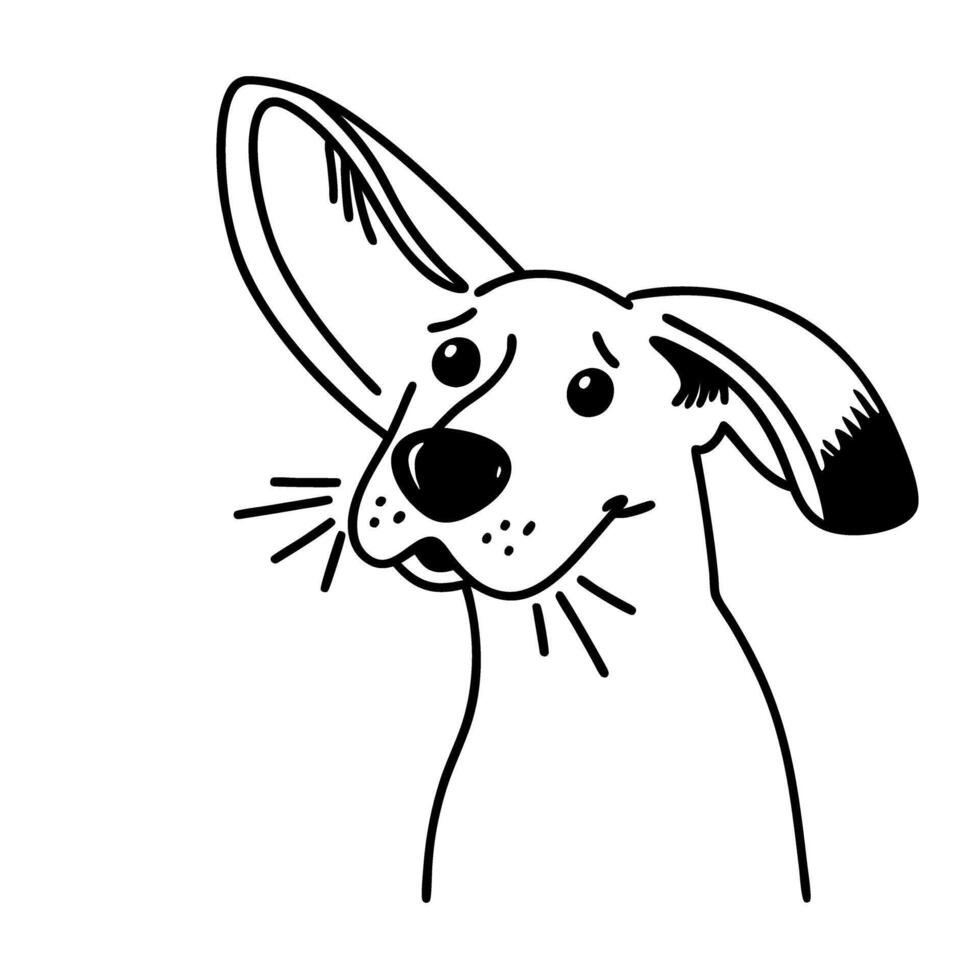 Illustrated dog with large ears, curious expression black and white pet portrait vector