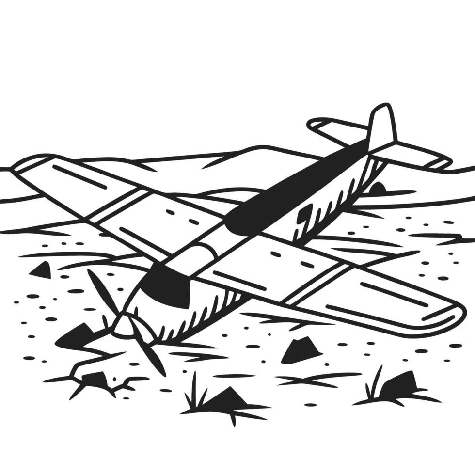 Vintage small airplane on rocky terrain, monochrome illustration vector