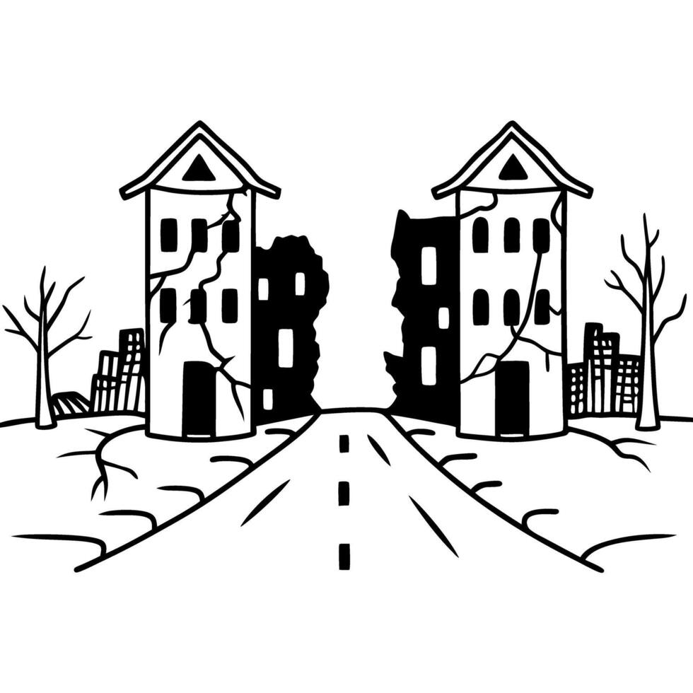 ruined buildings on deserted street, winter trees urban decay, damaged architecture, abandoned cityscape illustration vector