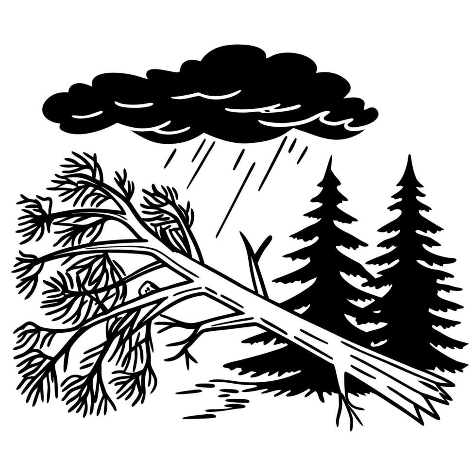 Stormy weather, fallen tree under dark cloud rainy sky with evergreen trees, nature illustration vector