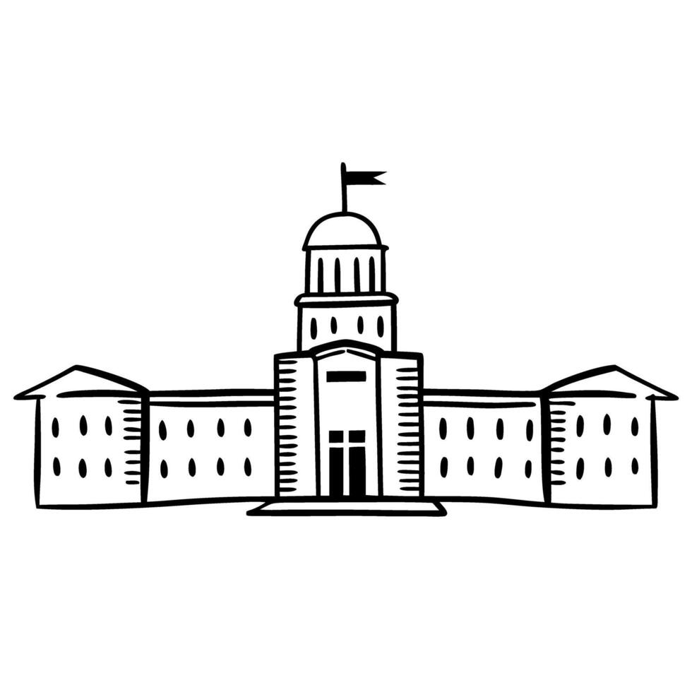 Elegant line drawing of historical building with dome and flag, iconic government landmark vector