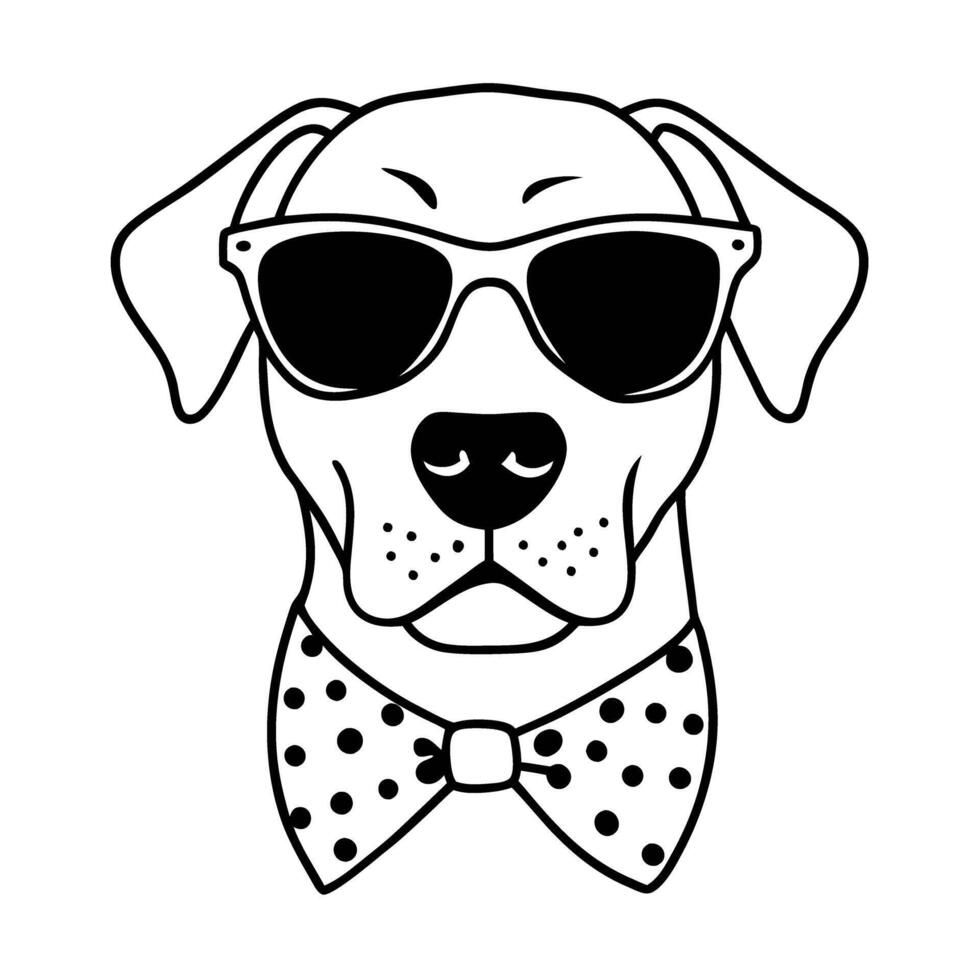 Cool dog illustration wearing sunglasses and polka dot bow tie, black and white vector