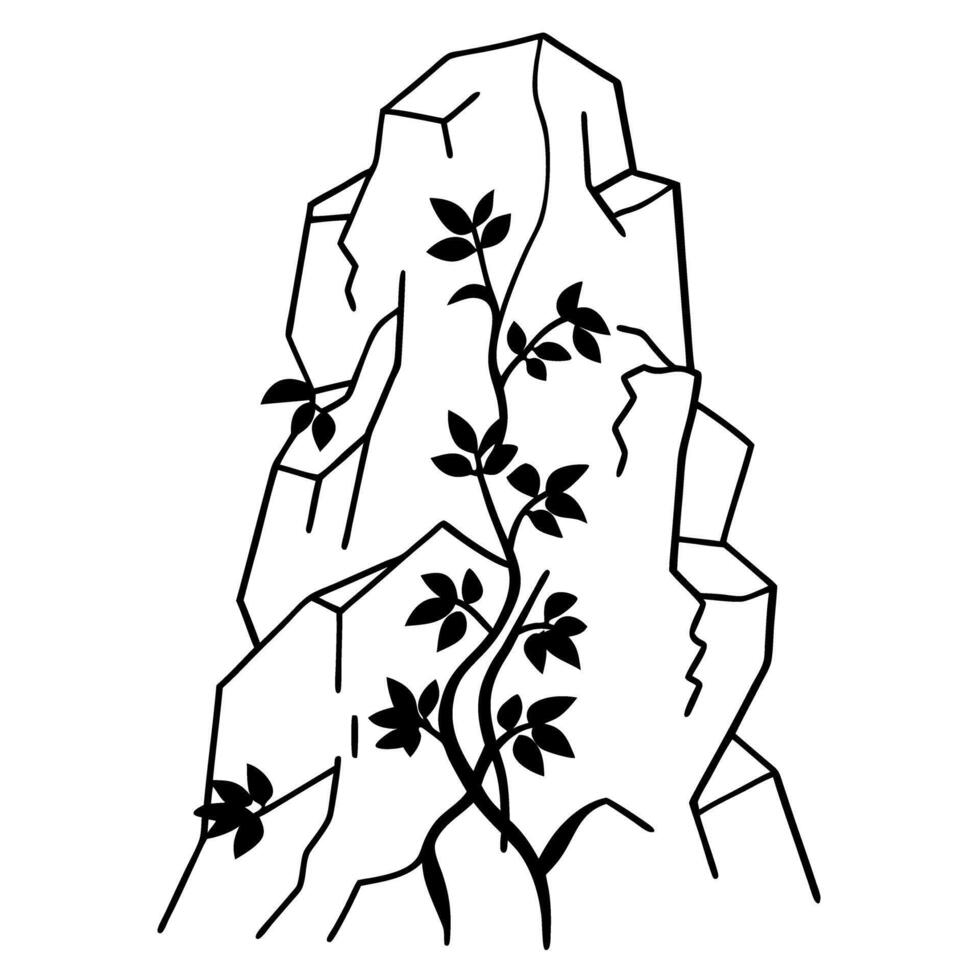 Climbing vine on rocky surface black and white abstract nature illustration vector