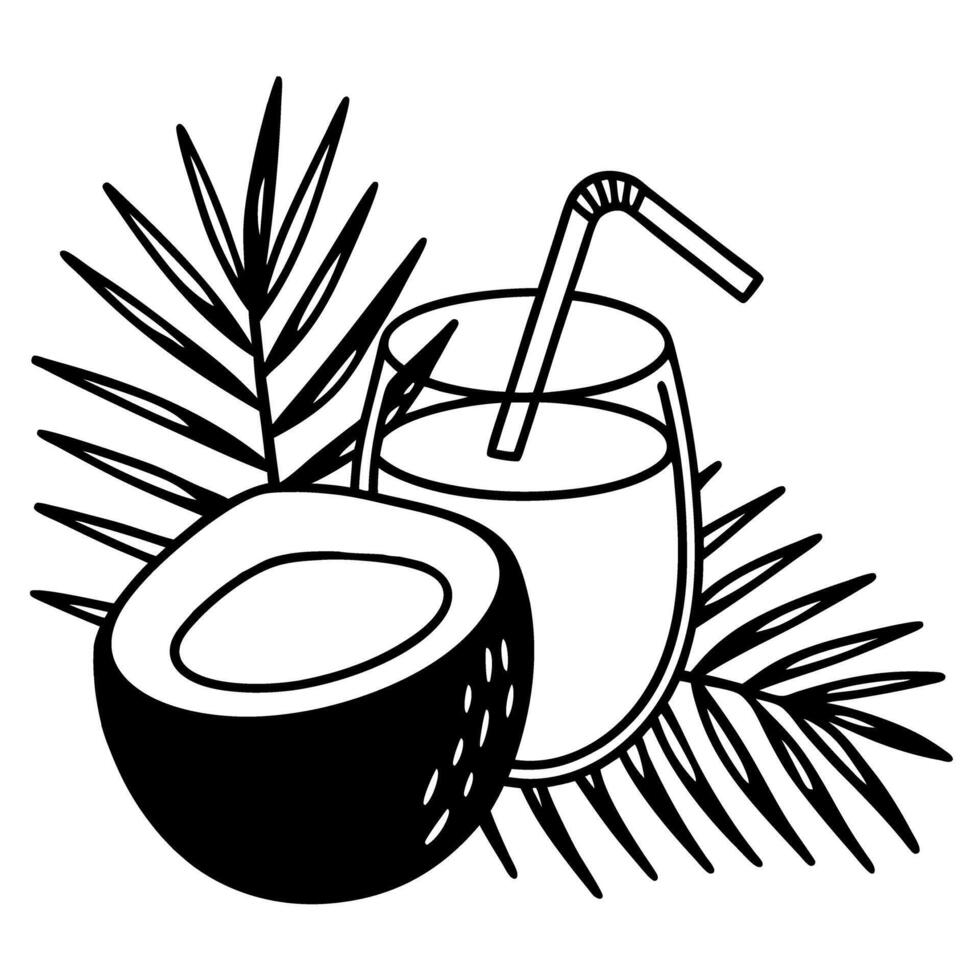 Coconut drink with straw, tropical leaves and halved coconut illustration, exotic refreshment vector