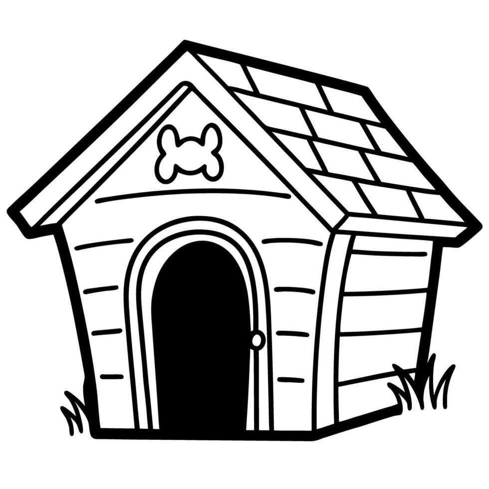Simple wooden doghouse, line art design for pets shelter with roof and decoration vector