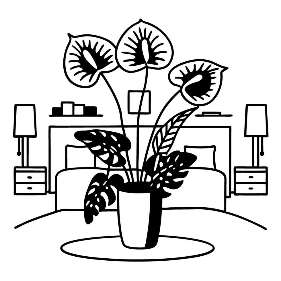 Modern bedroom interior with potted plant on bedside table minimalistic design with lamps and decor vector