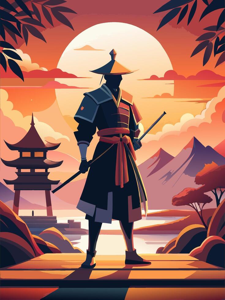 Samurai in Full Armor with Sword Against a Sunset Backdrop vector