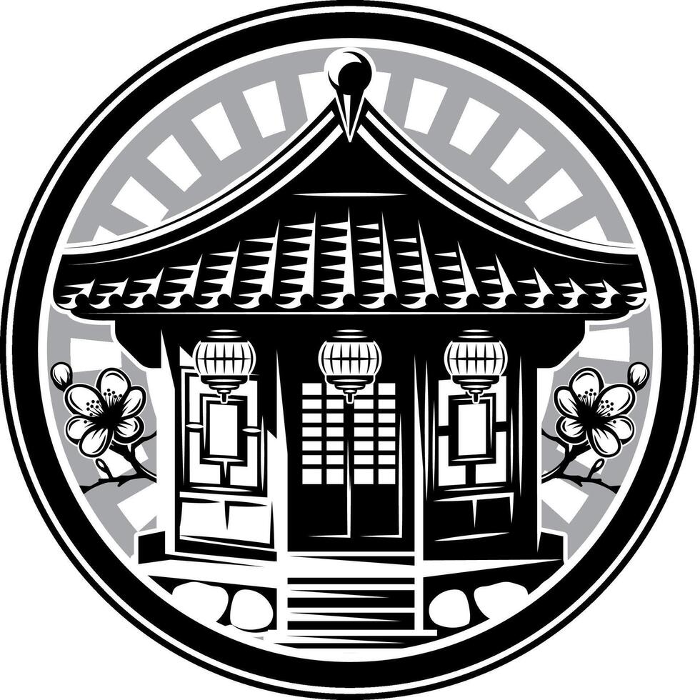 Traditional Japanese Temple with Lanterns and Cherry Blossoms in a Circular Frame vector