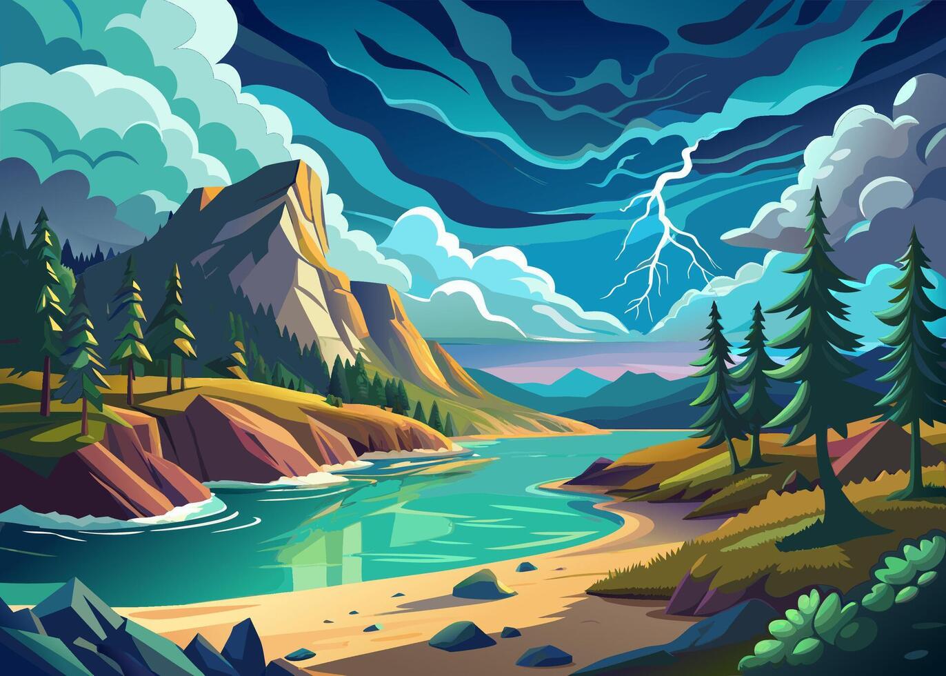 Scenic view of a mountainous lake with lightning striking the sky vector