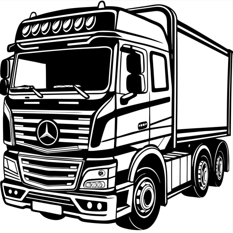 Detailed Black and White Drawing of a Large Mercedes Truck with Lights vector