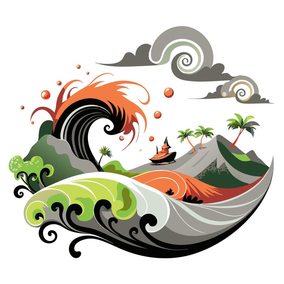 Vibrant Giant Wave Sweeping Through Peaceful Rural Village Scene vector