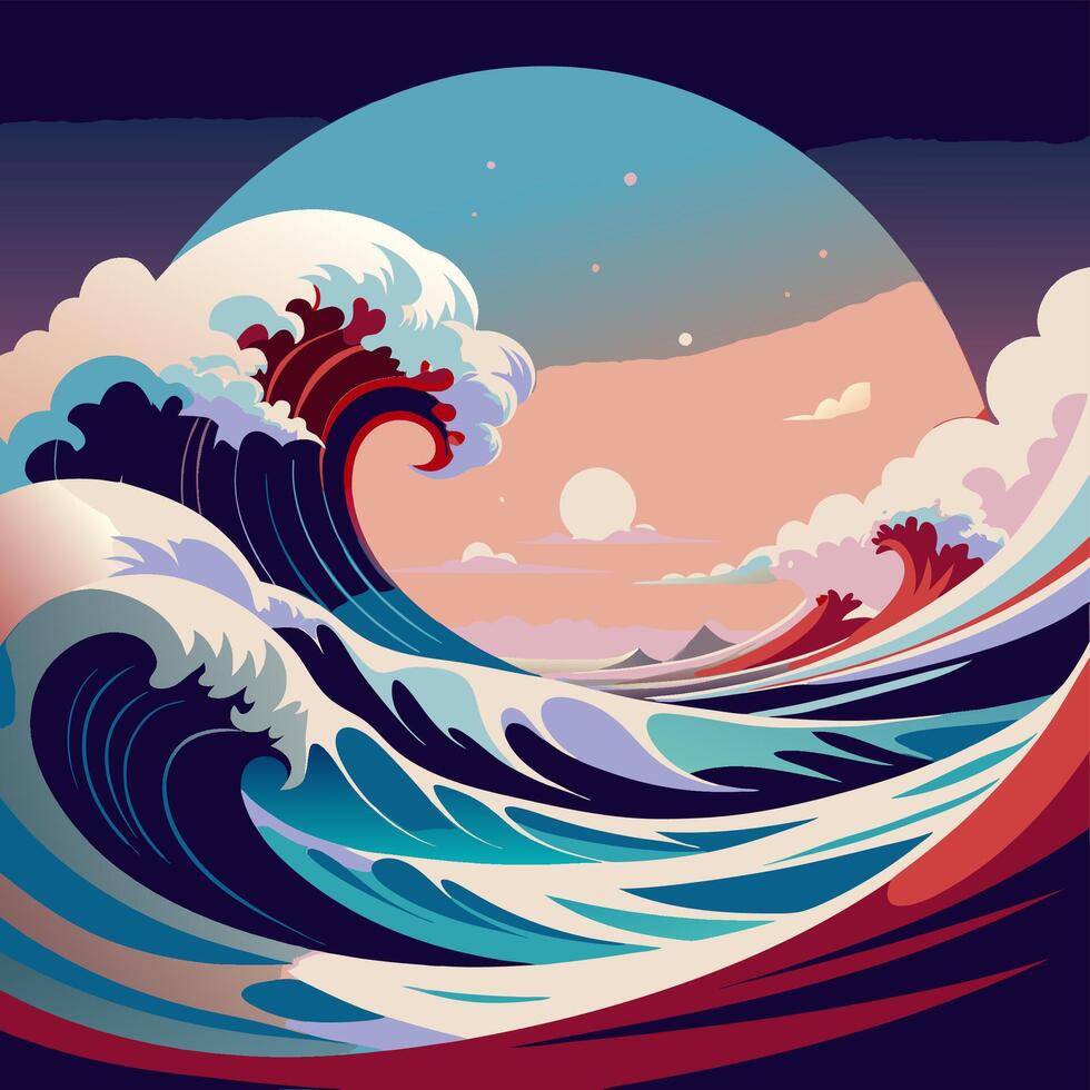 Massive Ocean Waves Crashing Under the Full Moon Night Sky vector