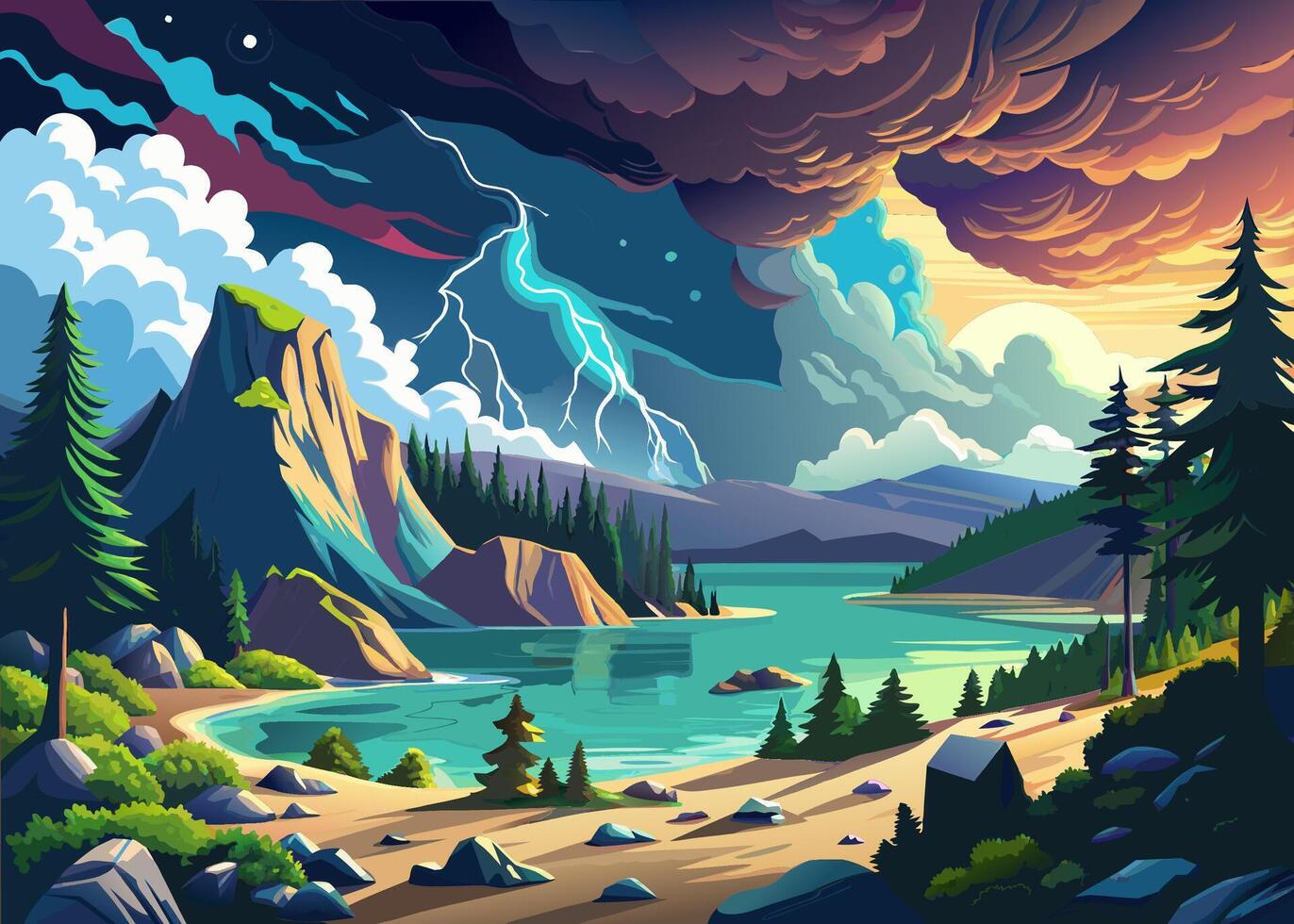 Mysterious mountain landscape with stormy sky and lightning over serene lake vector