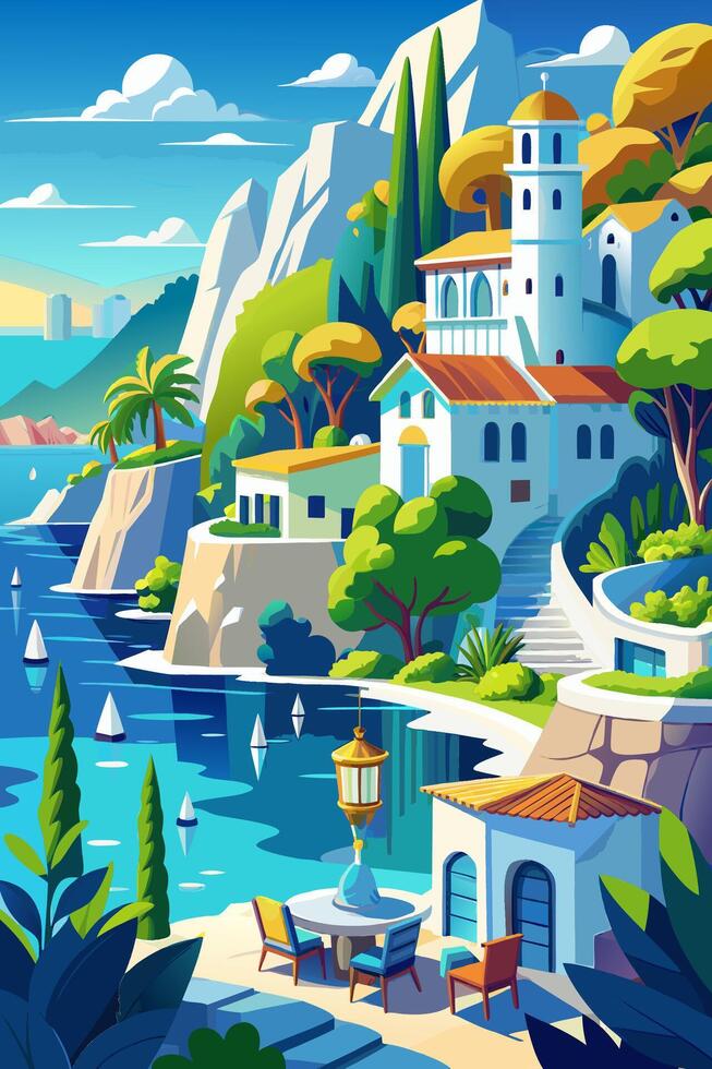 Serene Mediterranean Coastal Village with Lush Greenery and Sailing Boats vector