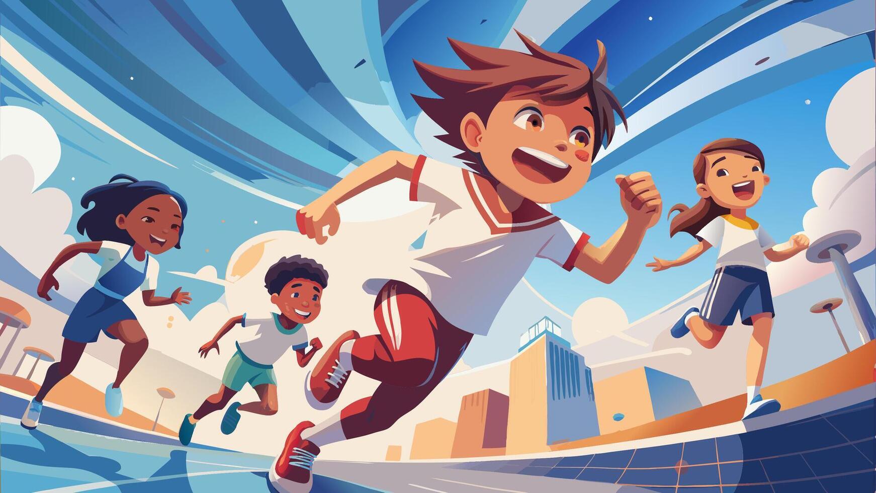 Children running and playing football in a vibrant city park with joy vector