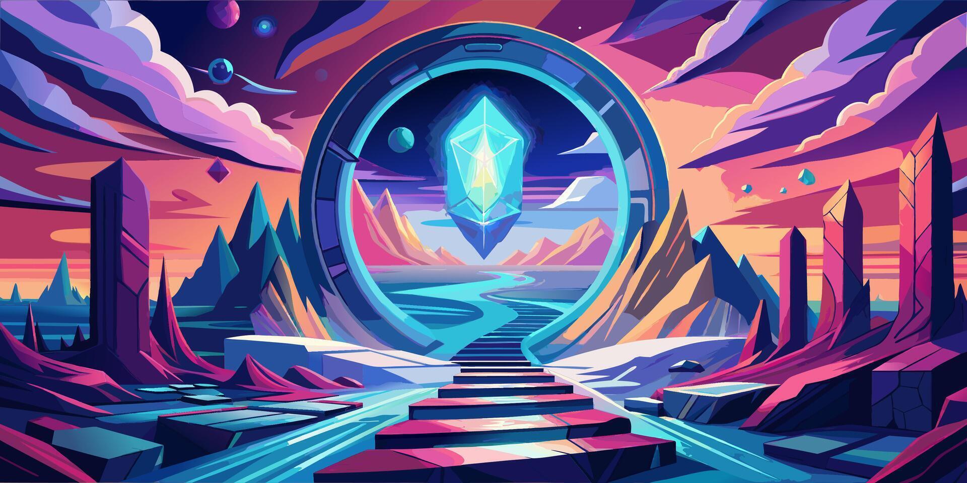 Futuristic Landscape with Crystal Portal and Stairway to Another Dimension vector