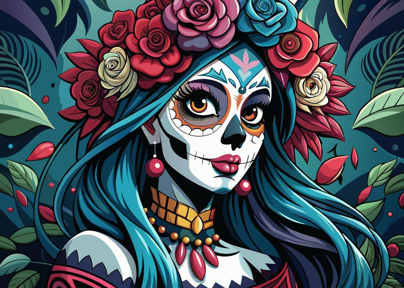 Vibrant Sugar Skull Portrait with Floral Crown and Nature Elements vector
