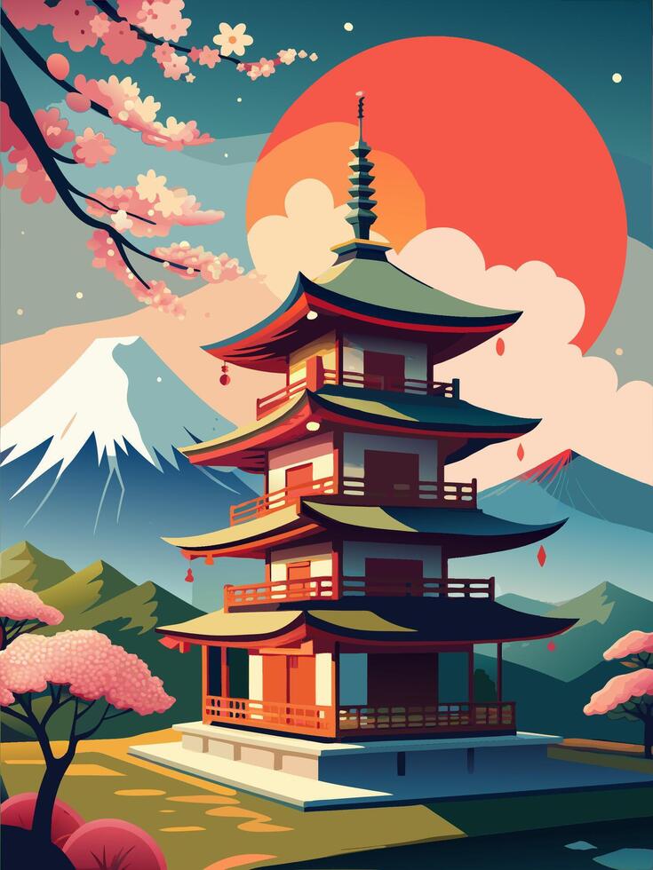 Stunning Japanese Landscape with a Traditional Pagoda and Mount Fuji Under a Blossoming Tree vector