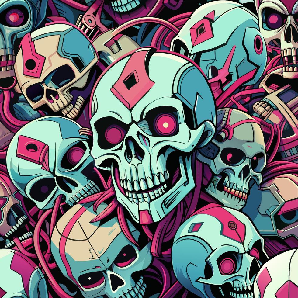 Sci-Fi Mechanical Skulls with Bright Eyes and Electronic Wires vector