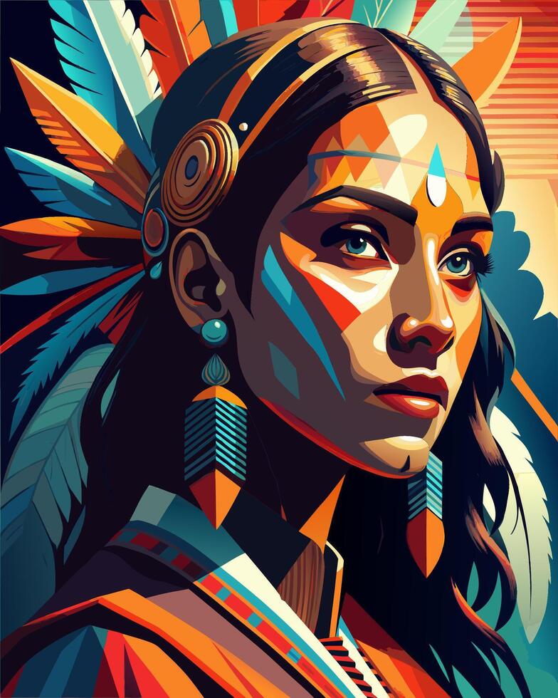 Colorful illustration of a Native American woman with detailed headdress vector