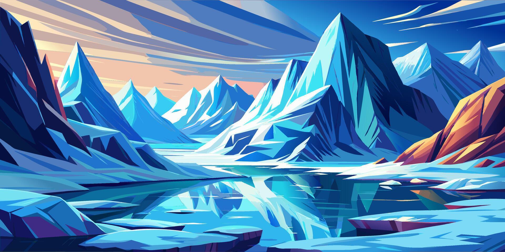 Snowy mountains and frozen lake under a colorful sky vector