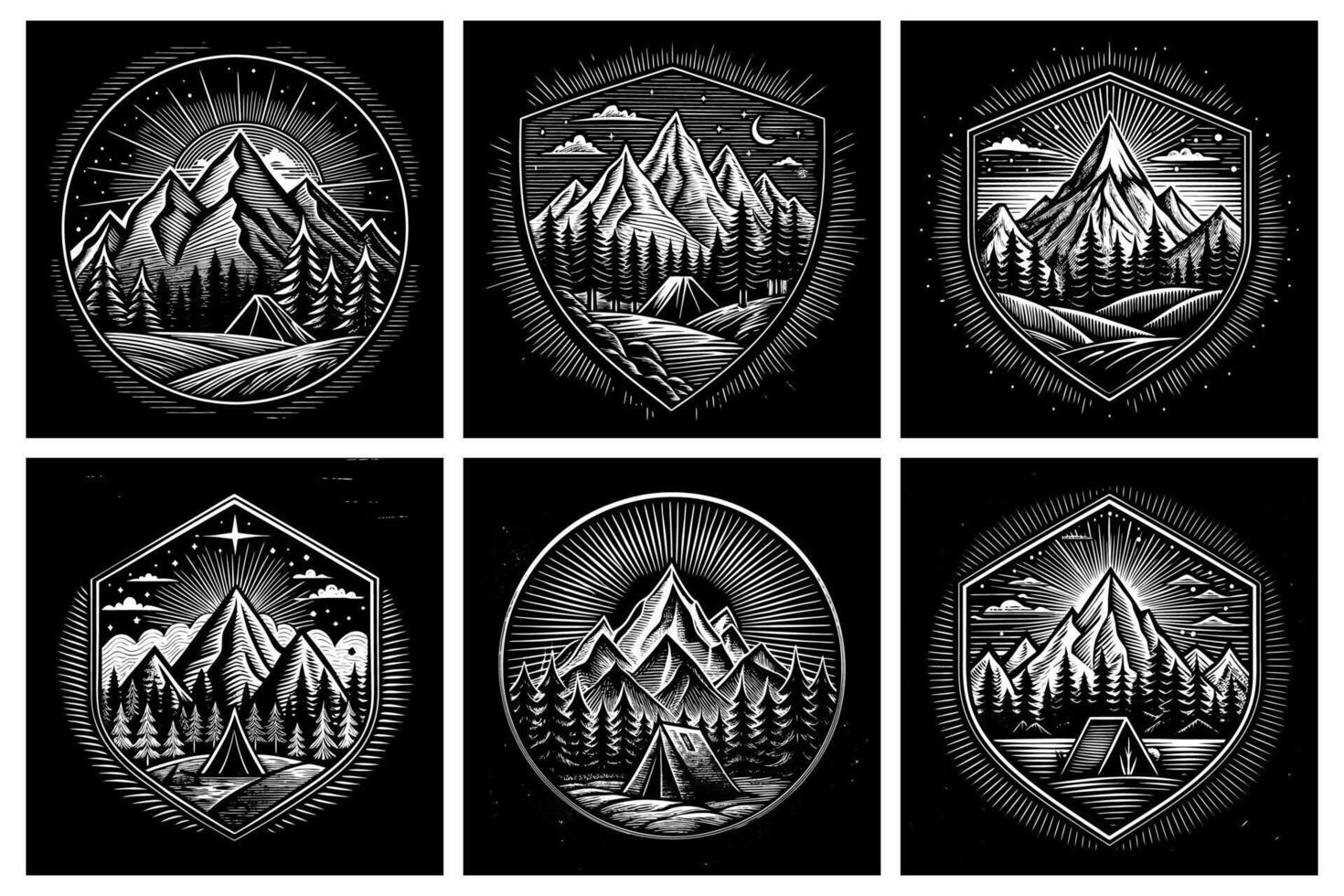 Chic Badge Templates with Mountain and River Silhouette on Dark Canvas vector
