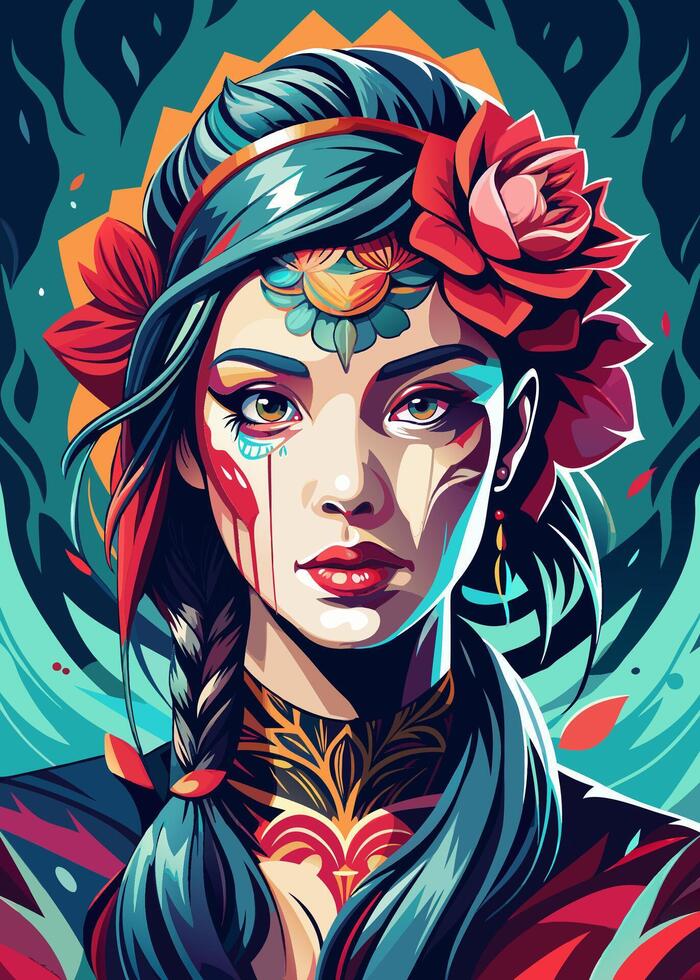 Ethnic woman with flowers and traditional makeup in a digital art style vector