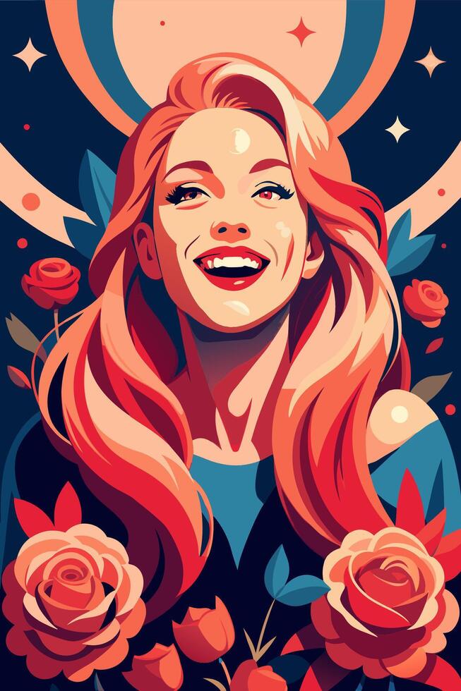 Happy woman with long red hair and a bright smile framed by elegant roses and stars vector