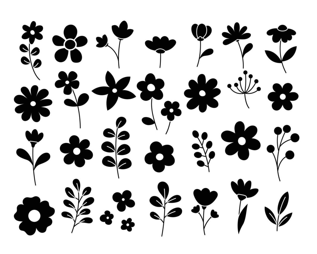 A set of black and white flowers and leaves vector