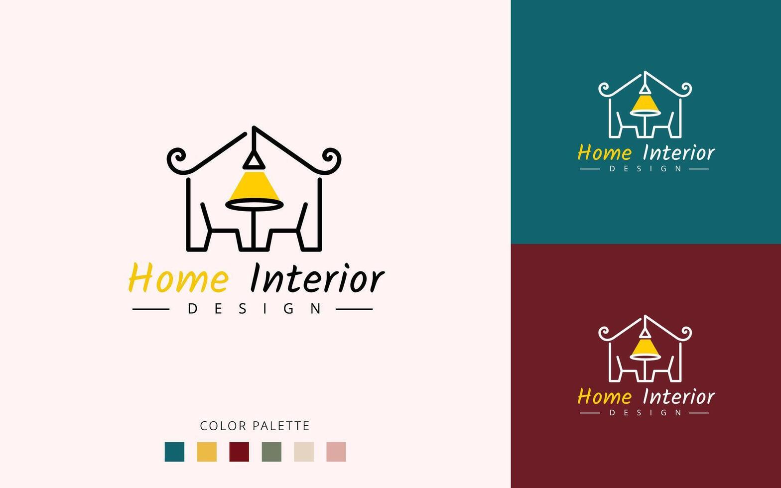 Luxurious Minimal Home Interior Logo Design Concept for Hanging Light, Chair And Table, Home Decor Line Art Log Design vector
