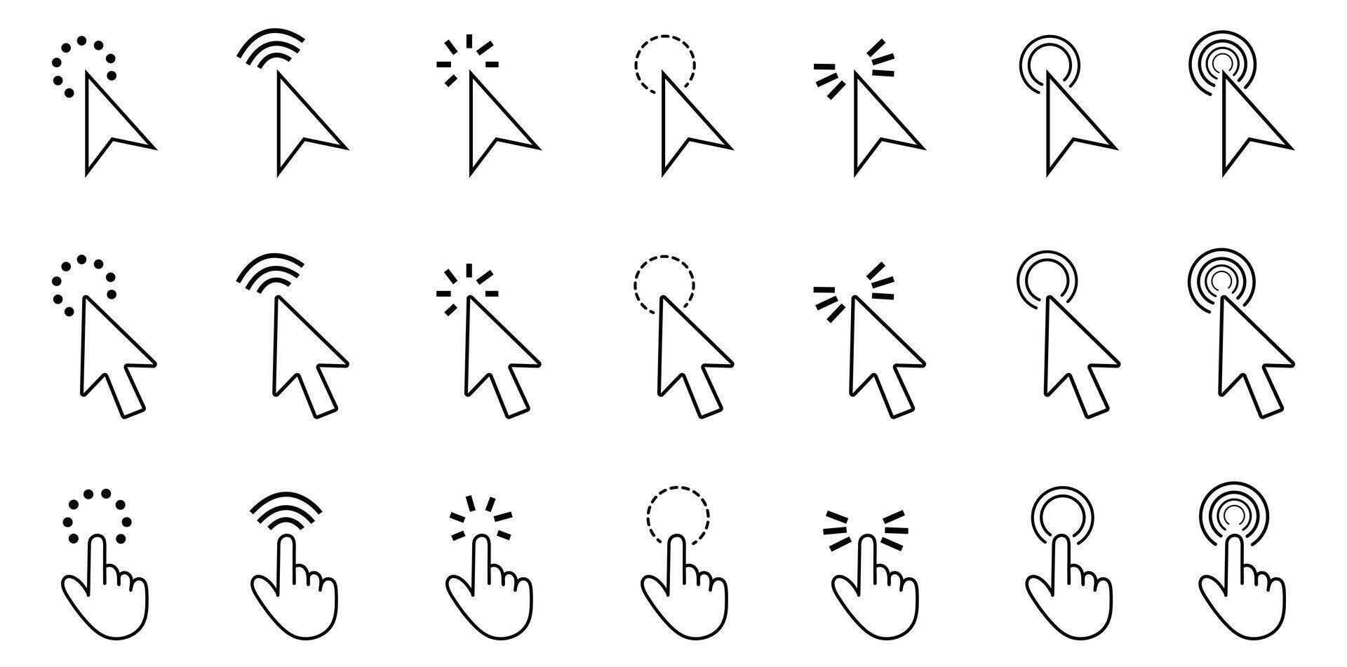 cursor arrow and hand pointer stroke icon set vector