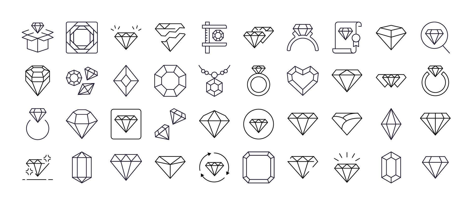 Jewelry Line Icon Set. Diamond and Gem Outline Signs for Graphic and Web Design, Apps, Adverts, Various Cards vector