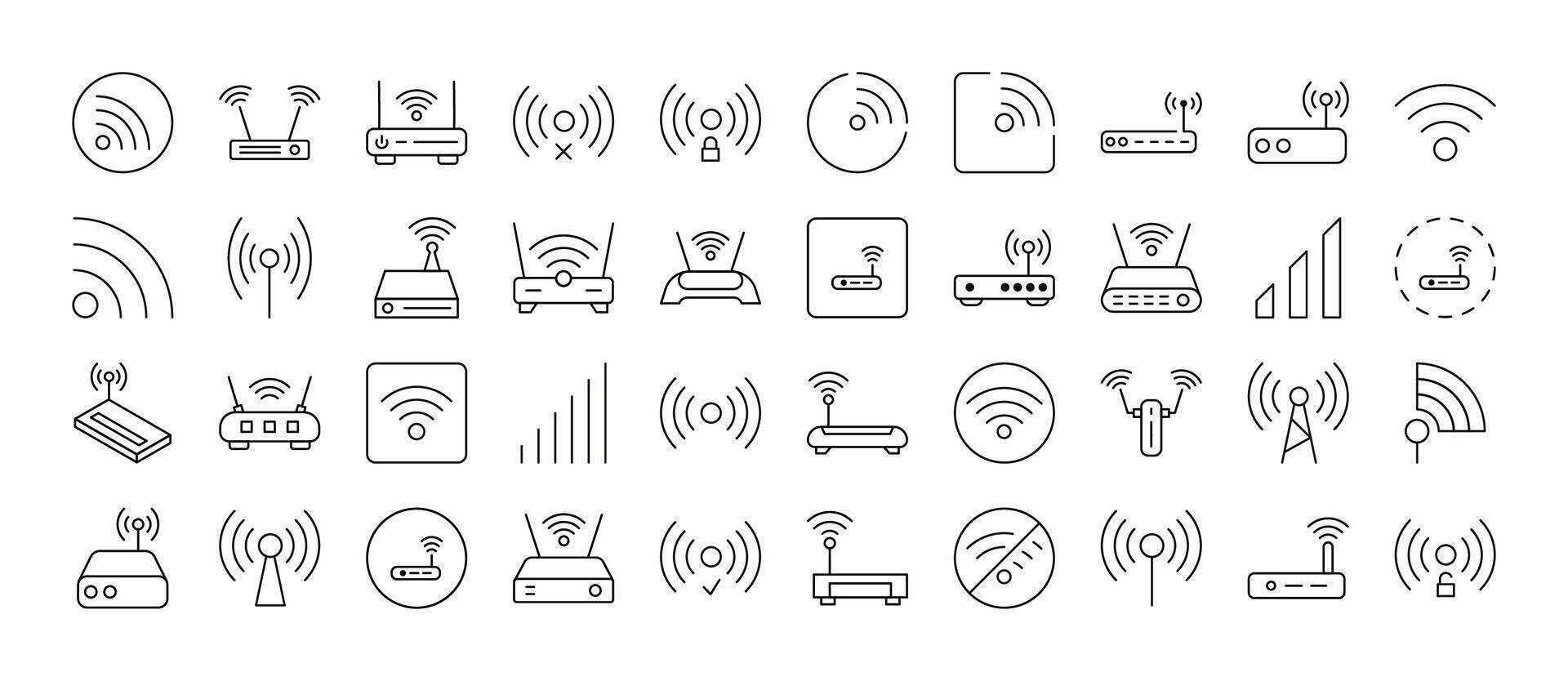 Bundle of WiFi and Router Related Line Icons. Outline Signs for Graphic and Web Design, Apps, Adverts, Various Cards vector