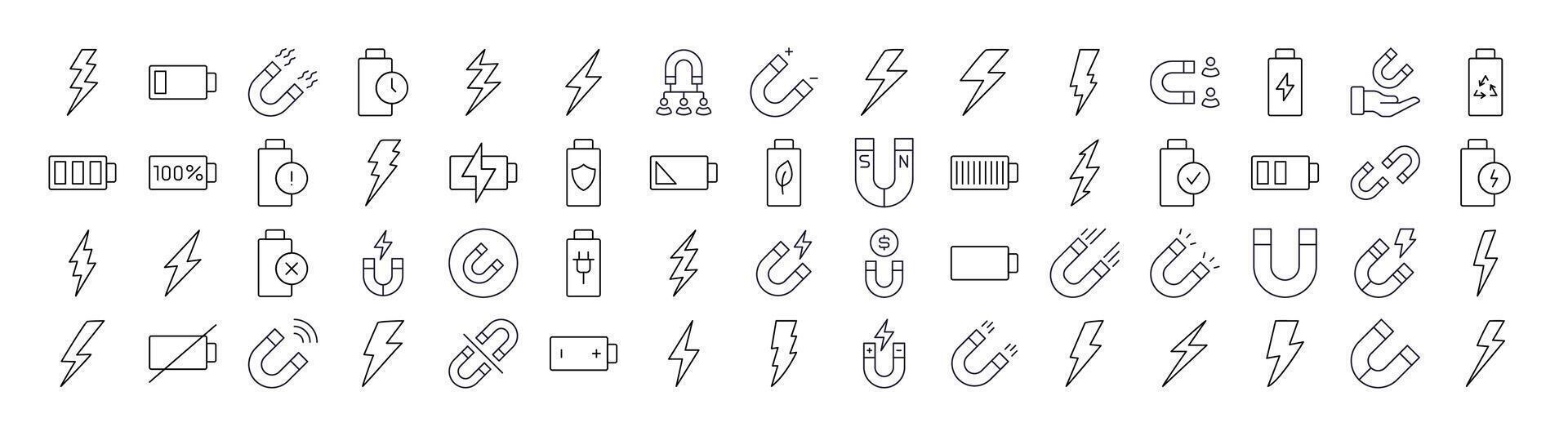 Magnet, Battery, Lightning Line Icon Collection. Outline Signs for Graphic and Web Design, Apps, Adverts, Various Cards vector